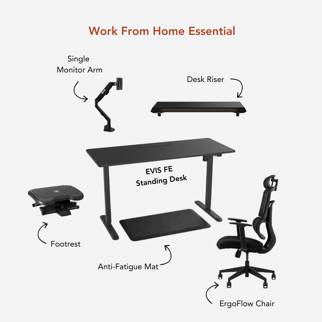 EVIS Full WFH Setup — Standing Desk, ErgoFlow Chair, Monitor Arm, Desk Riser, Footrest, Anti-Fatigue Mat